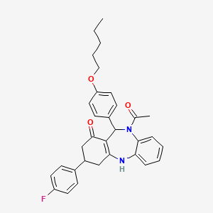 molecular formula C32H33FN2O3 B10865813 10-acetyl-3-(4-fluorophenyl)-11-[4-(pentyloxy)phenyl]-2,3,4,5,10,11-hexahydro-1H-dibenzo[b,e][1,4]diazepin-1-one 