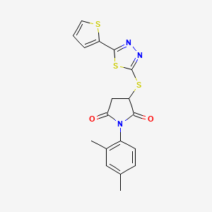 molecular formula C18H15N3O2S3 B10865937 1-(2,4-Dimethylphenyl)-3-{[5-(thiophen-2-yl)-1,3,4-thiadiazol-2-yl]sulfanyl}pyrrolidine-2,5-dione 