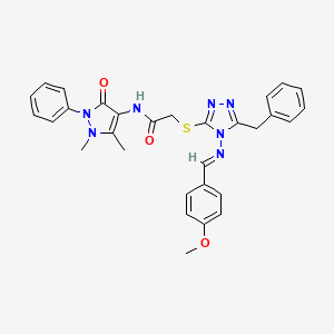 molecular formula C30H29N7O3S B10866221 2-[(5-benzyl-4-{[(E)-(4-methoxyphenyl)methylidene]amino}-4H-1,2,4-triazol-3-yl)sulfanyl]-N-(1,5-dimethyl-3-oxo-2-phenyl-2,3-dihydro-1H-pyrazol-4-yl)acetamide 