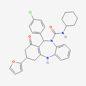 molecular formula C30H30ClN3O3 B10866281 11-(4-chlorophenyl)-N-cyclohexyl-3-(2-furyl)-1-oxo-1,2,3,4,5,11-hexahydro-10H-dibenzo[b,e][1,4]diazepine-10-carboxamide 