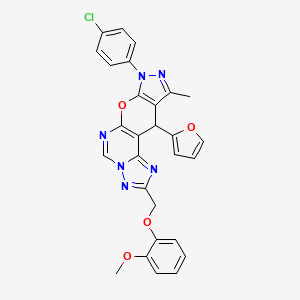 12-(4-chlorophenyl)-16-(furan-2-yl)-4-[(2-methoxyphenoxy)methyl]-14-methyl-10-oxa-3,5,6,8,12,13-hexazatetracyclo[7.7.0.02,6.011,15]hexadeca-1(9),2,4,7,11(15),13-hexaene