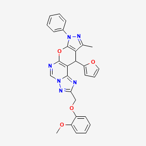 molecular formula C28H22N6O4 B10866373 16-(furan-2-yl)-4-[(2-methoxyphenoxy)methyl]-14-methyl-12-phenyl-10-oxa-3,5,6,8,12,13-hexazatetracyclo[7.7.0.02,6.011,15]hexadeca-1(9),2,4,7,11(15),13-hexaene 