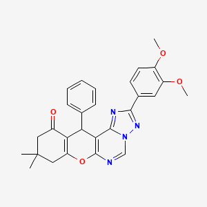 molecular formula C28H26N4O4 B10866615 2-(3,4-dimethoxyphenyl)-9,9-dimethyl-12-phenyl-8,9,10,12-tetrahydro-11H-chromeno[3,2-e][1,2,4]triazolo[1,5-c]pyrimidin-11-one 