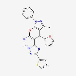 molecular formula C24H16N6O2S B10866647 16-(furan-2-yl)-14-methyl-12-phenyl-4-thiophen-2-yl-10-oxa-3,5,6,8,12,13-hexazatetracyclo[7.7.0.02,6.011,15]hexadeca-1(9),2,4,7,11(15),13-hexaene 