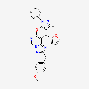 molecular formula C28H22N6O3 B10867089 16-(furan-2-yl)-4-[(4-methoxyphenyl)methyl]-14-methyl-12-phenyl-10-oxa-3,5,6,8,12,13-hexazatetracyclo[7.7.0.02,6.011,15]hexadeca-1(9),2,4,7,11(15),13-hexaene 