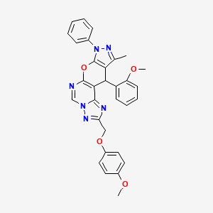 molecular formula C31H26N6O4 B10867106 4-[(4-methoxyphenoxy)methyl]-16-(2-methoxyphenyl)-14-methyl-12-phenyl-10-oxa-3,5,6,8,12,13-hexazatetracyclo[7.7.0.02,6.011,15]hexadeca-1(9),2,4,7,11(15),13-hexaene 