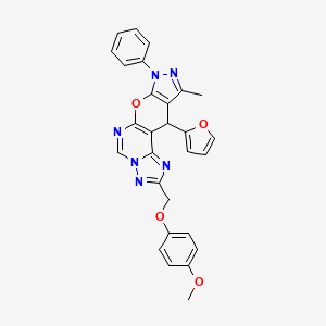 molecular formula C28H22N6O4 B10867524 16-(furan-2-yl)-4-[(4-methoxyphenoxy)methyl]-14-methyl-12-phenyl-10-oxa-3,5,6,8,12,13-hexazatetracyclo[7.7.0.02,6.011,15]hexadeca-1(9),2,4,7,11(15),13-hexaene 