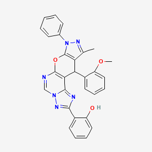 molecular formula C29H22N6O3 B10867877 2-[16-(2-methoxyphenyl)-14-methyl-12-phenyl-10-oxa-3,5,6,8,12,13-hexazatetracyclo[7.7.0.02,6.011,15]hexadeca-1(9),2,4,7,11(15),13-hexaen-4-yl]phenol 