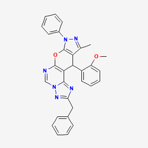 4-benzyl-16-(2-methoxyphenyl)-14-methyl-12-phenyl-10-oxa-3,5,6,8,12,13-hexazatetracyclo[7.7.0.02,6.011,15]hexadeca-1(9),2,4,7,11(15),13-hexaene