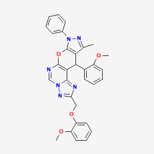 4-[(2-methoxyphenoxy)methyl]-16-(2-methoxyphenyl)-14-methyl-12-phenyl-10-oxa-3,5,6,8,12,13-hexazatetracyclo[7.7.0.02,6.011,15]hexadeca-1(9),2,4,7,11(15),13-hexaene