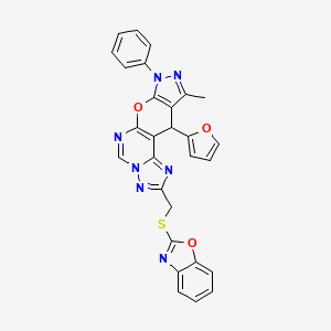 molecular formula C28H19N7O3S B10868208 4-(1,3-benzoxazol-2-ylsulfanylmethyl)-16-(furan-2-yl)-14-methyl-12-phenyl-10-oxa-3,5,6,8,12,13-hexazatetracyclo[7.7.0.02,6.011,15]hexadeca-1(9),2,4,7,11(15),13-hexaene 