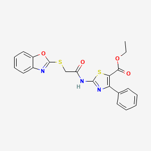 molecular formula C21H17N3O4S2 B10868257 Ethyl 2-{[(1,3-benzoxazol-2-ylsulfanyl)acetyl]amino}-4-phenyl-1,3-thiazole-5-carboxylate 