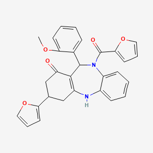 molecular formula C29H24N2O5 B10868298 10-(2-furoyl)-3-(2-furyl)-11-(2-methoxyphenyl)-2,3,4,5,10,11-hexahydro-1H-dibenzo[b,e][1,4]diazepin-1-one 