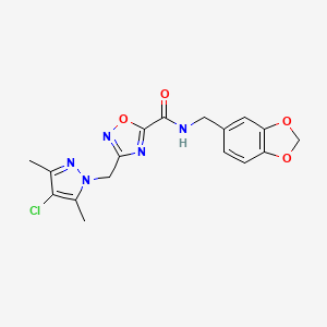 molecular formula C17H16ClN5O4 B10868362 N-(1,3-benzodioxol-5-ylmethyl)-3-[(4-chloro-3,5-dimethyl-1H-pyrazol-1-yl)methyl]-1,2,4-oxadiazole-5-carboxamide 