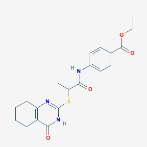 molecular formula C20H23N3O4S B10868514 Ethyl 4-({2-[(4-oxo-3,4,5,6,7,8-hexahydroquinazolin-2-yl)sulfanyl]propanoyl}amino)benzoate 