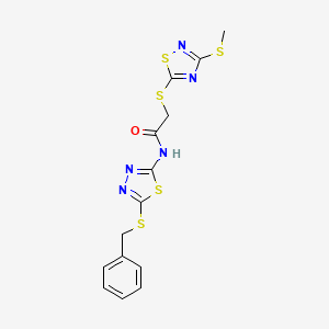 molecular formula C14H13N5OS5 B10868786 N-[5-(benzylsulfanyl)-1,3,4-thiadiazol-2-yl]-2-{[3-(methylsulfanyl)-1,2,4-thiadiazol-5-yl]sulfanyl}acetamide 