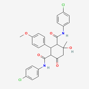 molecular formula C28H26Cl2N2O5 B10868794 N,N'-bis(4-chlorophenyl)-4-hydroxy-2-(4-methoxyphenyl)-4-methyl-6-oxocyclohexane-1,3-dicarboxamide 