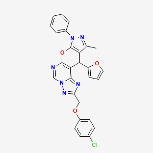 4-[(4-chlorophenoxy)methyl]-16-(furan-2-yl)-14-methyl-12-phenyl-10-oxa-3,5,6,8,12,13-hexazatetracyclo[7.7.0.02,6.011,15]hexadeca-1(9),2,4,7,11(15),13-hexaene