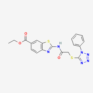 molecular formula C19H16N6O3S2 B10869655 ethyl 2-({[(1-phenyl-1H-tetrazol-5-yl)sulfanyl]acetyl}amino)-1,3-benzothiazole-6-carboxylate 