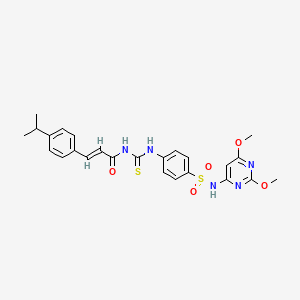 (2E)-N-({4-[(2,6-dimethoxypyrimidin-4-yl)sulfamoyl]phenyl}carbamothioyl)-3-[4-(propan-2-yl)phenyl]prop-2-enamide