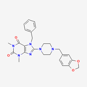 molecular formula C26H28N6O4 B10869936 8-[4-(1,3-benzodioxol-5-ylmethyl)piperazin-1-yl]-7-benzyl-1,3-dimethyl-3,7-dihydro-1H-purine-2,6-dione 