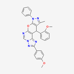 16-(2-methoxyphenyl)-4-(4-methoxyphenyl)-14-methyl-12-phenyl-10-oxa-3,5,6,8,12,13-hexazatetracyclo[7.7.0.02,6.011,15]hexadeca-1(9),2,4,7,11(15),13-hexaene