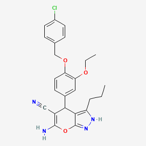 molecular formula C25H25ClN4O3 B10870593 6-Amino-4-{4-[(4-chlorobenzyl)oxy]-3-ethoxyphenyl}-3-propyl-1,4-dihydropyrano[2,3-c]pyrazole-5-carbonitrile 