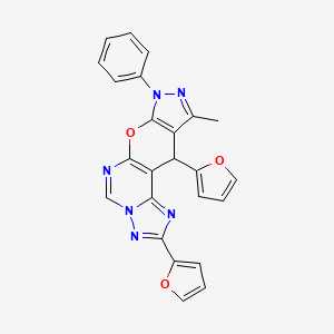 molecular formula C24H16N6O3 B10870829 4,16-bis(furan-2-yl)-14-methyl-12-phenyl-10-oxa-3,5,6,8,12,13-hexazatetracyclo[7.7.0.02,6.011,15]hexadeca-1(9),2,4,7,11(15),13-hexaene 