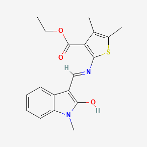 molecular formula C19H20N2O3S B10871207 ethyl 4,5-dimethyl-2-{[(E)-(1-methyl-2-oxo-1,2-dihydro-3H-indol-3-ylidene)methyl]amino}thiophene-3-carboxylate 