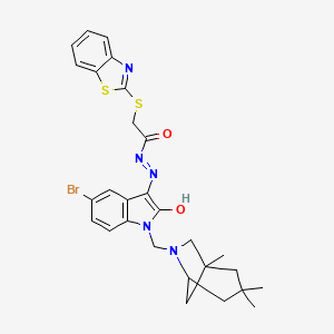 molecular formula C28H30BrN5O2S2 B10871345 2-(1,3-benzothiazol-2-ylsulfanyl)-N'-{(3Z)-5-bromo-2-oxo-1-[(1,3,3-trimethyl-6-azabicyclo[3.2.1]oct-6-yl)methyl]-1,2-dihydro-3H-indol-3-ylidene}acetohydrazide 