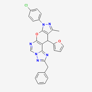 4-benzyl-12-(4-chlorophenyl)-16-(furan-2-yl)-14-methyl-10-oxa-3,5,6,8,12,13-hexazatetracyclo[7.7.0.02,6.011,15]hexadeca-1(9),2,4,7,11(15),13-hexaene