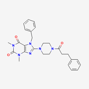 molecular formula C27H30N6O3 B10871626 7-benzyl-1,3-dimethyl-8-[4-(3-phenylpropanoyl)piperazin-1-yl]-3,7-dihydro-1H-purine-2,6-dione 