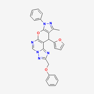 16-(furan-2-yl)-14-methyl-4-(phenoxymethyl)-12-phenyl-10-oxa-3,5,6,8,12,13-hexazatetracyclo[7.7.0.02,6.011,15]hexadeca-1(9),2,4,7,11(15),13-hexaene