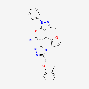 4-[(2,6-dimethylphenoxy)methyl]-16-(furan-2-yl)-14-methyl-12-phenyl-10-oxa-3,5,6,8,12,13-hexazatetracyclo[7.7.0.02,6.011,15]hexadeca-1(9),2,4,7,11(15),13-hexaene