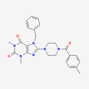 molecular formula C26H28N6O3 B10871823 7-benzyl-1,3-dimethyl-8-{4-[(4-methylphenyl)carbonyl]piperazin-1-yl}-3,7-dihydro-1H-purine-2,6-dione 