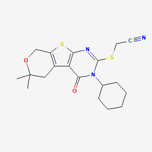 molecular formula C19H23N3O2S2 B10871936 2-[(4-cyclohexyl-12,12-dimethyl-3-oxo-11-oxa-8-thia-4,6-diazatricyclo[7.4.0.02,7]trideca-1(9),2(7),5-trien-5-yl)sulfanyl]acetonitrile 