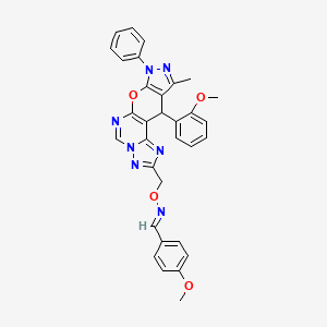 molecular formula C32H27N7O4 B10872013 (E)-1-(4-methoxyphenyl)-N-[[16-(2-methoxyphenyl)-14-methyl-12-phenyl-10-oxa-3,5,6,8,12,13-hexazatetracyclo[7.7.0.02,6.011,15]hexadeca-1(9),2,4,7,11(15),13-hexaen-4-yl]methoxy]methanimine 