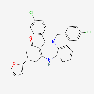 molecular formula C30H24Cl2N2O2 B10872044 10-(4-chlorobenzyl)-11-(4-chlorophenyl)-3-(2-furyl)-2,3,4,5,10,11-hexahydro-1H-dibenzo[b,e][1,4]diazepin-1-one 