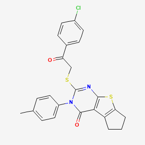 molecular formula C24H19ClN2O2S2 B10872178 2-{[2-(4-chlorophenyl)-2-oxoethyl]sulfanyl}-3-(4-methylphenyl)-3,5,6,7-tetrahydro-4H-cyclopenta[4,5]thieno[2,3-d]pyrimidin-4-one 