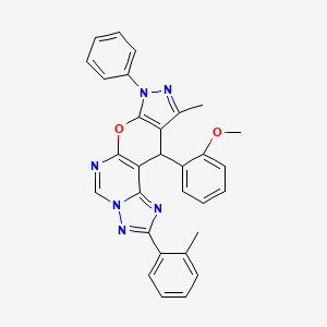 molecular formula C30H24N6O2 B10872247 16-(2-methoxyphenyl)-14-methyl-4-(2-methylphenyl)-12-phenyl-10-oxa-3,5,6,8,12,13-hexazatetracyclo[7.7.0.02,6.011,15]hexadeca-1(9),2,4,7,11(15),13-hexaene 