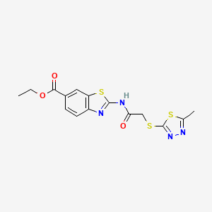 molecular formula C15H14N4O3S3 B10872337 Ethyl 2-({[(5-methyl-1,3,4-thiadiazol-2-yl)sulfanyl]acetyl}amino)-1,3-benzothiazole-6-carboxylate 