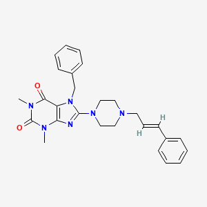 molecular formula C27H30N6O2 B10872349 7-benzyl-1,3-dimethyl-8-{4-[(2E)-3-phenylprop-2-en-1-yl]piperazin-1-yl}-3,7-dihydro-1H-purine-2,6-dione 