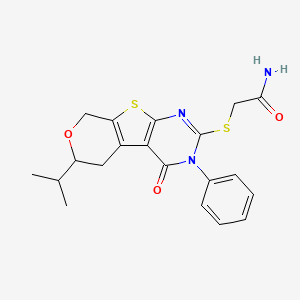 molecular formula C20H21N3O3S2 B10872742 2-[(3-oxo-4-phenyl-12-propan-2-yl-11-oxa-8-thia-4,6-diazatricyclo[7.4.0.02,7]trideca-1(9),2(7),5-trien-5-yl)sulfanyl]acetamide 