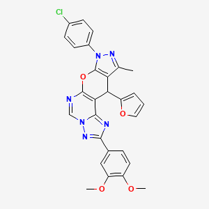 molecular formula C28H21ClN6O4 B10872781 12-(4-chlorophenyl)-4-(3,4-dimethoxyphenyl)-16-(furan-2-yl)-14-methyl-10-oxa-3,5,6,8,12,13-hexazatetracyclo[7.7.0.02,6.011,15]hexadeca-1(9),2,4,7,11(15),13-hexaene 