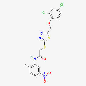 molecular formula C18H14Cl2N4O4S2 B10872838 2-({5-[(2,4-dichlorophenoxy)methyl]-1,3,4-thiadiazol-2-yl}sulfanyl)-N-(2-methyl-5-nitrophenyl)acetamide 