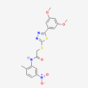 molecular formula C19H18N4O5S2 B10873058 2-{[5-(3,5-dimethoxyphenyl)-1,3,4-thiadiazol-2-yl]sulfanyl}-N-(2-methyl-5-nitrophenyl)acetamide 