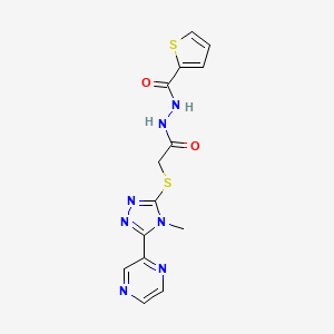 molecular formula C14H13N7O2S2 B10873149 N'-(2-{[4-methyl-5-(pyrazin-2-yl)-4H-1,2,4-triazol-3-yl]sulfanyl}acetyl)thiophene-2-carbohydrazide 