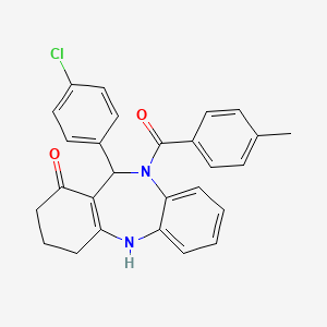 molecular formula C27H23ClN2O2 B10873260 11-(4-chlorophenyl)-10-[(4-methylphenyl)carbonyl]-2,3,4,5,10,11-hexahydro-1H-dibenzo[b,e][1,4]diazepin-1-one 