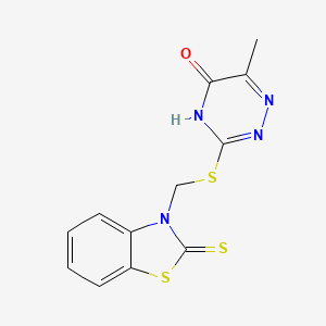 molecular formula C12H10N4OS3 B10873301 6-Methyl-3-({[2-thioxo-1,3-benzothiazol-3(2H)-YL]methyl}sulfanyl)-1,2,4-triazin-5(4H)-one 