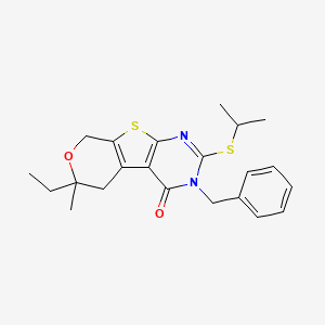 molecular formula C22H26N2O2S2 B10873468 4-benzyl-12-ethyl-12-methyl-5-propan-2-ylsulfanyl-11-oxa-8-thia-4,6-diazatricyclo[7.4.0.02,7]trideca-1(9),2(7),5-trien-3-one 